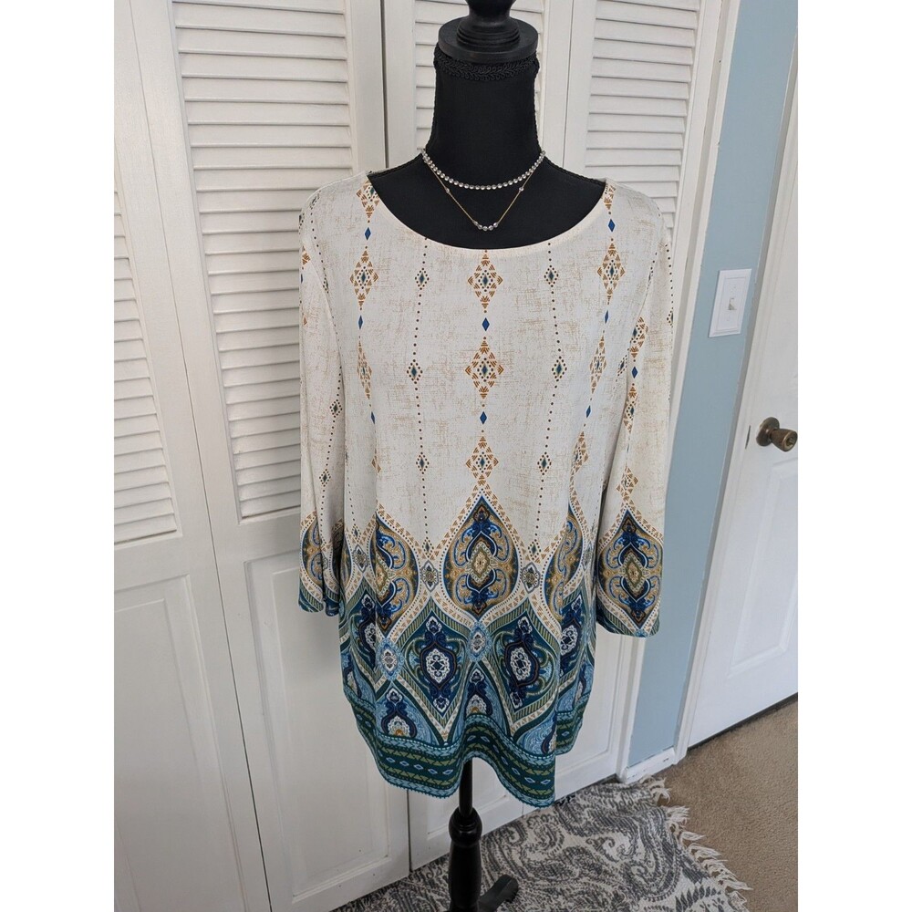 Chico's Tunic Women's Sz 2 L Blue Cream Border Boho Coastal Resortwear Blouse